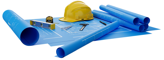 Image of Construction Blueprint and construction workers helmet